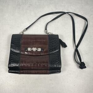 Brighton Crossbody Bag Womens Black Brown Croc Embossed Wallet Organizer Purse